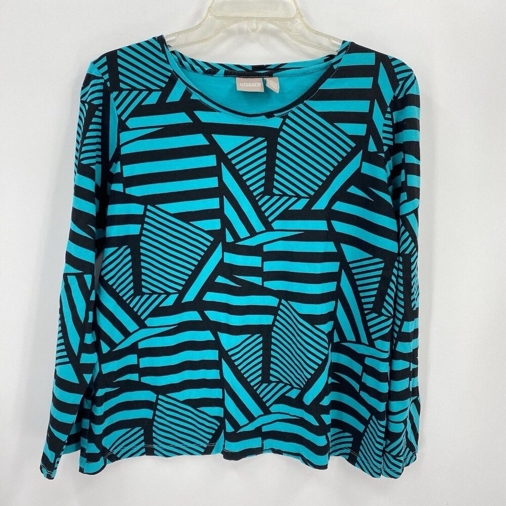 Chicos Blue Green Long Sleeve T Shirt Black Geometric Pattern Round Neck Size M